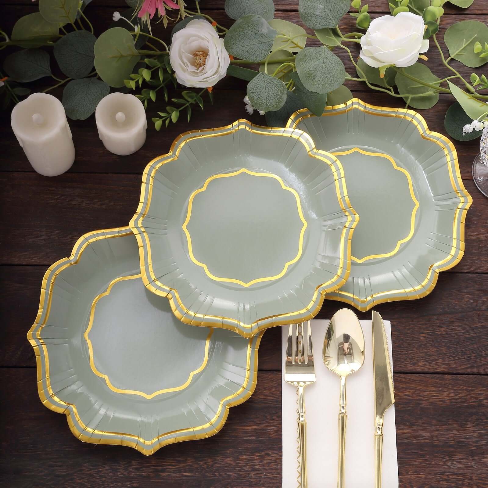 25 - Pack Paper Dessert Plates in Sage Green with Gold Scallop Rim - Disposable 300GSM Appetizer Salad Plates 8" - Bell Racket Store