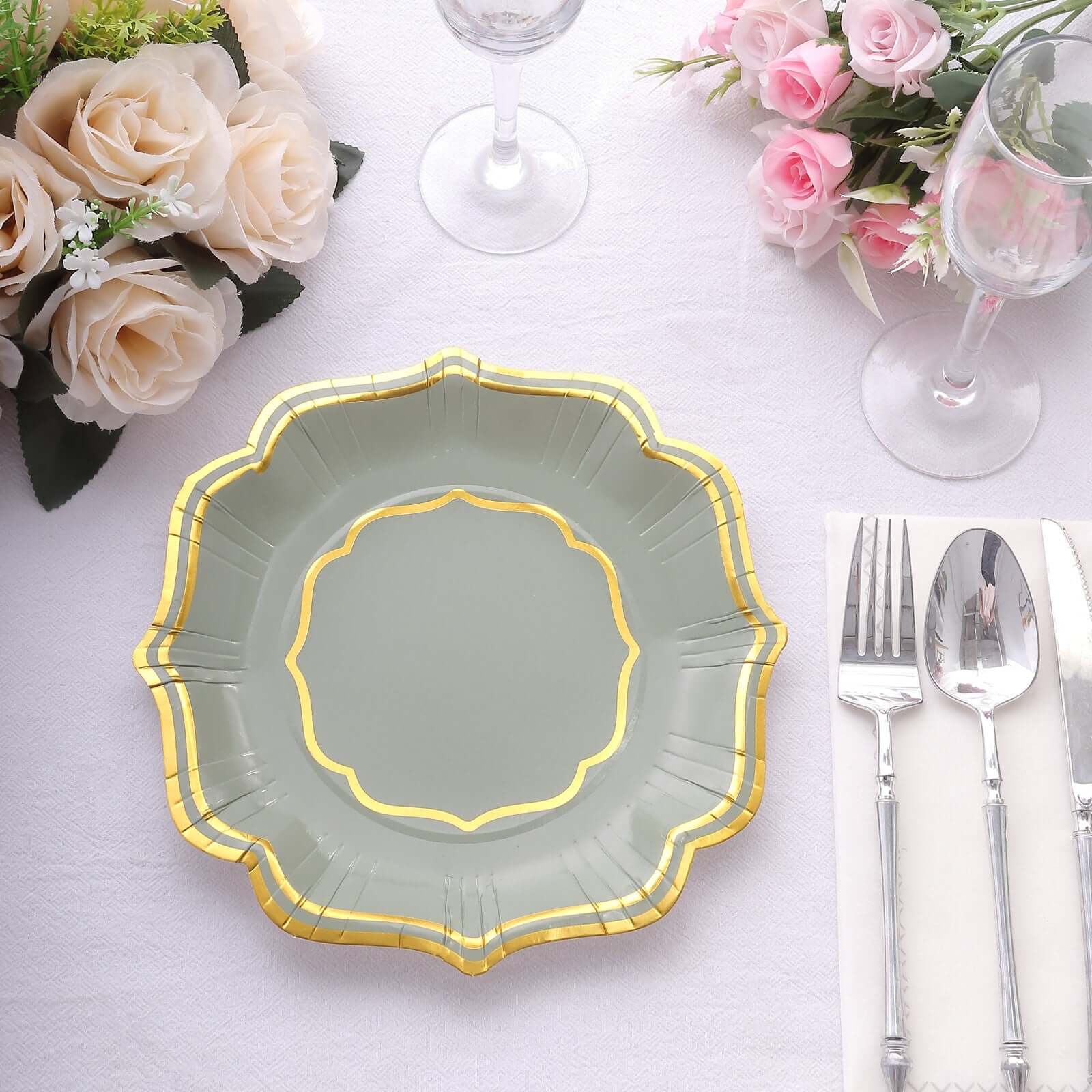 25 - Pack Paper Dessert Plates in Sage Green with Gold Scallop Rim - Disposable 300GSM Appetizer Salad Plates 8" - Bell Racket Store