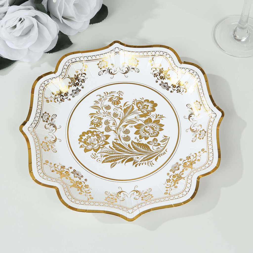 25 - Pack Paper Dessert Plates in White with Gold Damask Floral Print & Scallop Rim - Stylish Disposable 300GSM Floral Salad Appetizer Plates for Weddings & Events 8" - Bell Racket Store
