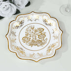 25 - Pack Paper Dessert Plates in White with Gold Damask Floral Print & Scallop Rim - Stylish Disposable 300GSM Floral Salad Appetizer Plates for Weddings & Events 8" - Bell Racket Store