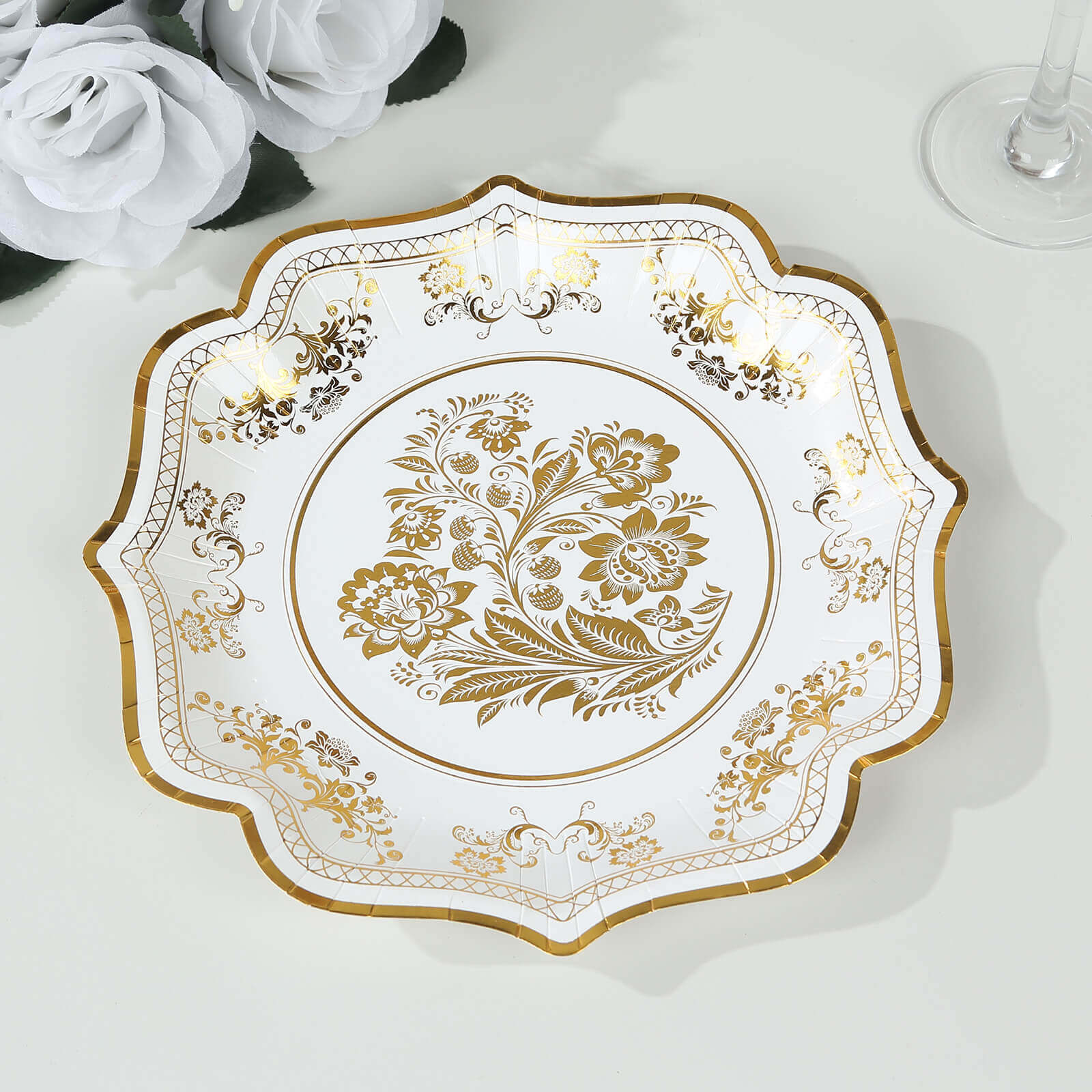 25 - Pack Paper Dessert Plates in White with Gold Damask Floral Print & Scallop Rim - Stylish Disposable 300GSM Floral Salad Appetizer Plates for Weddings & Events 8" - Bell Racket Store