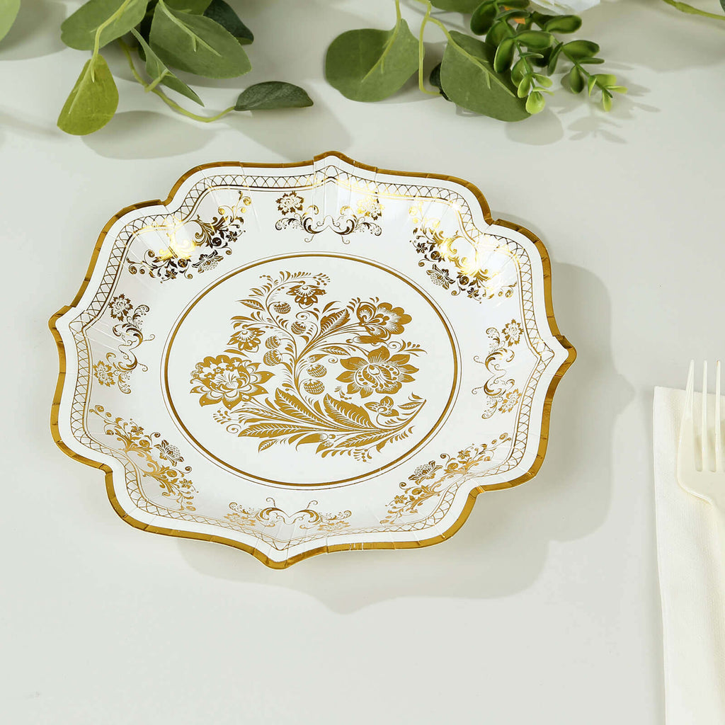 25 - Pack Paper Dessert Plates in White with Gold Damask Floral Print & Scallop Rim - Stylish Disposable 300GSM Floral Salad Appetizer Plates for Weddings & Events 8" - Bell Racket Store