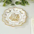 25 - Pack Paper Dessert Plates in White with Gold Damask Floral Print & Scallop Rim - Stylish Disposable 300GSM Floral Salad Appetizer Plates for Weddings & Events 8" - Bell Racket Store