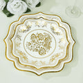 25 - Pack Paper Dessert Plates in White with Gold Damask Floral Print & Scallop Rim - Stylish Disposable 300GSM Floral Salad Appetizer Plates for Weddings & Events 8" - Bell Racket Store
