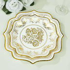 25 - Pack Paper Dessert Plates in White with Gold Damask Floral Print & Scallop Rim - Stylish Disposable 300GSM Floral Salad Appetizer Plates for Weddings & Events 8" - Bell Racket Store
