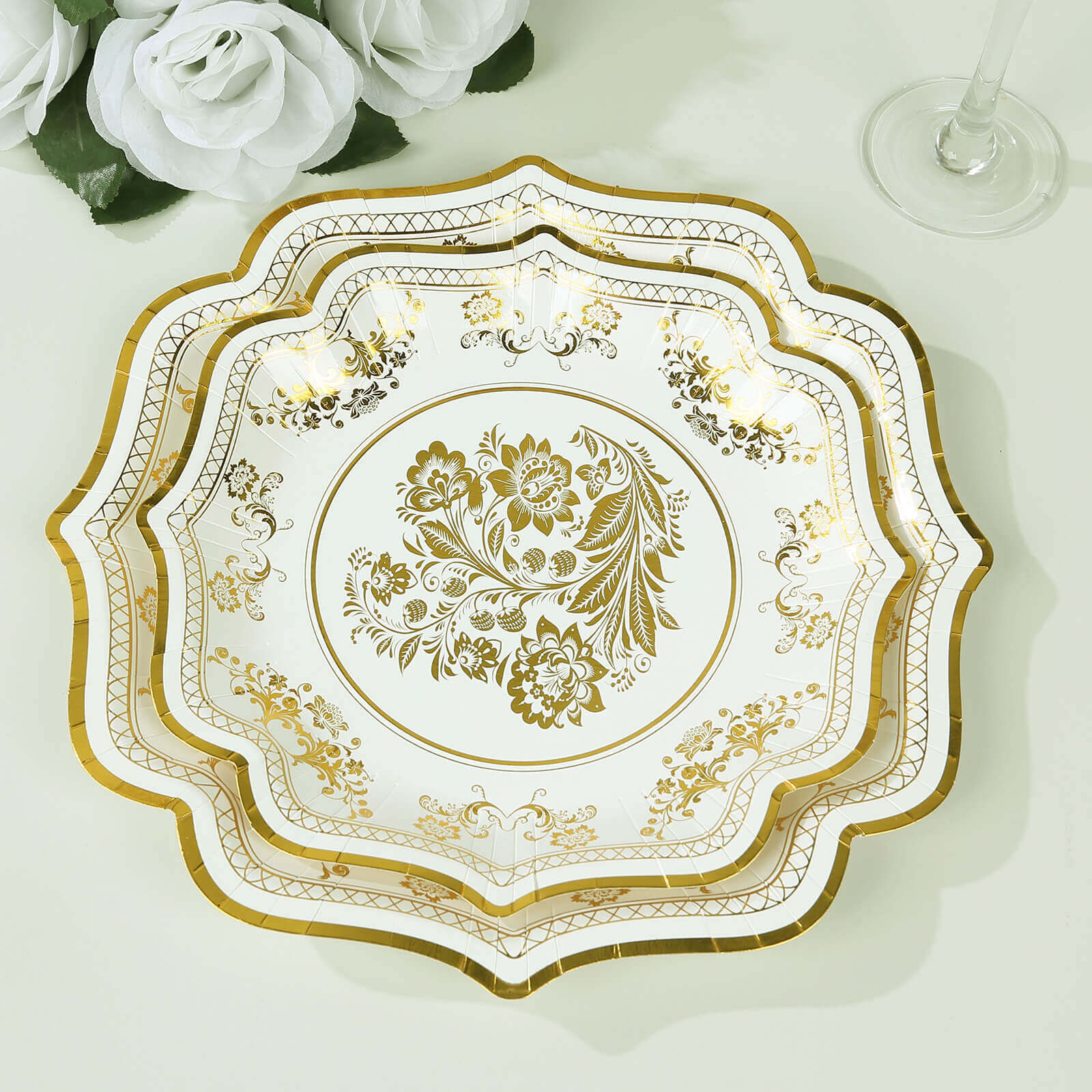 25 - Pack Paper Dessert Plates in White with Gold Damask Floral Print & Scallop Rim - Stylish Disposable 300GSM Floral Salad Appetizer Plates for Weddings & Events 8" - Bell Racket Store