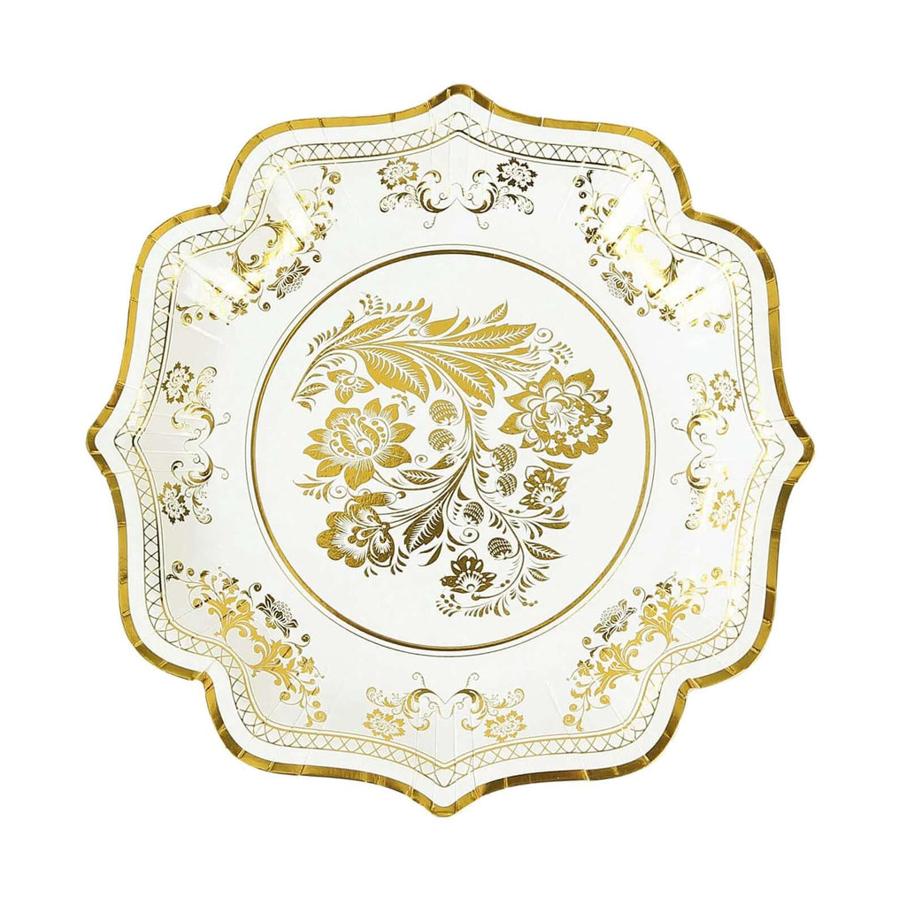 25 - Pack Paper Dessert Plates in White with Gold Damask Floral Print & Scallop Rim - Stylish Disposable 300GSM Floral Salad Appetizer Plates for Weddings & Events 8" - Bell Racket Store