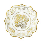 25 - Pack Paper Dessert Plates in White with Gold Damask Floral Print & Scallop Rim - Stylish Disposable 300GSM Floral Salad Appetizer Plates for Weddings & Events 8" - Bell Racket Store