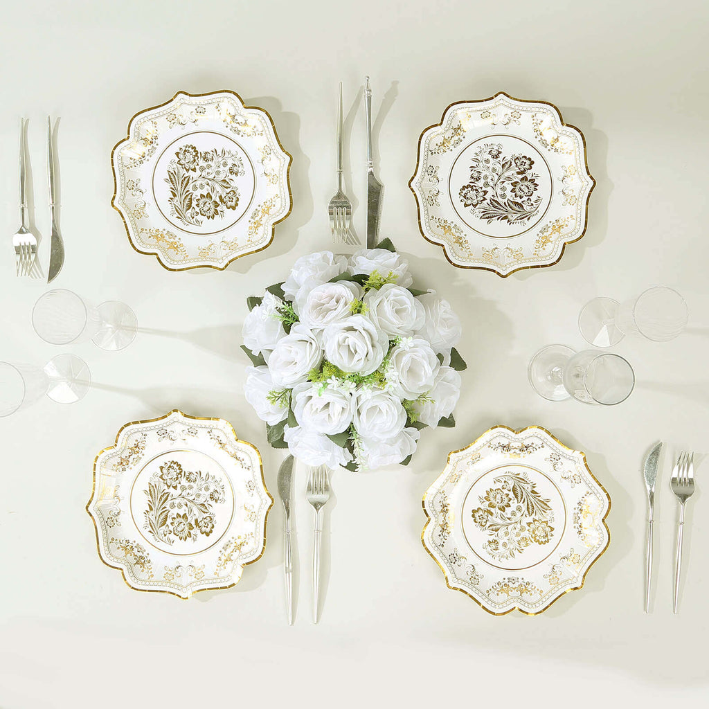 25 - Pack Paper Dessert Plates in White with Gold Damask Floral Print & Scallop Rim - Stylish Disposable 300GSM Floral Salad Appetizer Plates for Weddings & Events 8" - Bell Racket Store