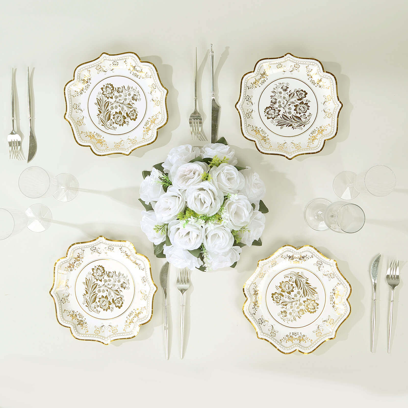 25 - Pack Paper Dessert Plates in White with Gold Damask Floral Print & Scallop Rim - Stylish Disposable 300GSM Floral Salad Appetizer Plates for Weddings & Events 8" - Bell Racket Store