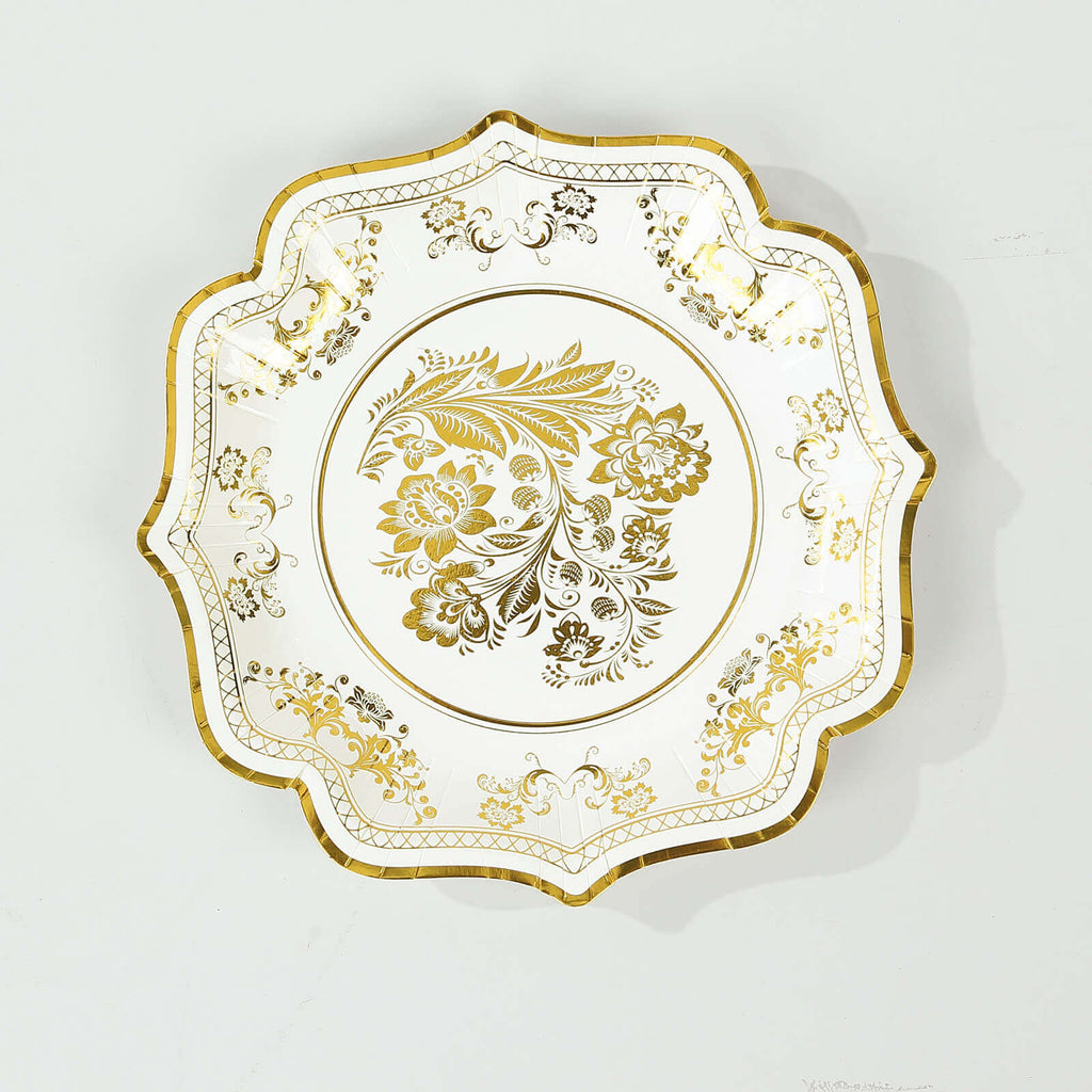 25 - Pack Paper Dessert Plates in White with Gold Damask Floral Print & Scallop Rim - Stylish Disposable 300GSM Floral Salad Appetizer Plates for Weddings & Events 8" - Bell Racket Store