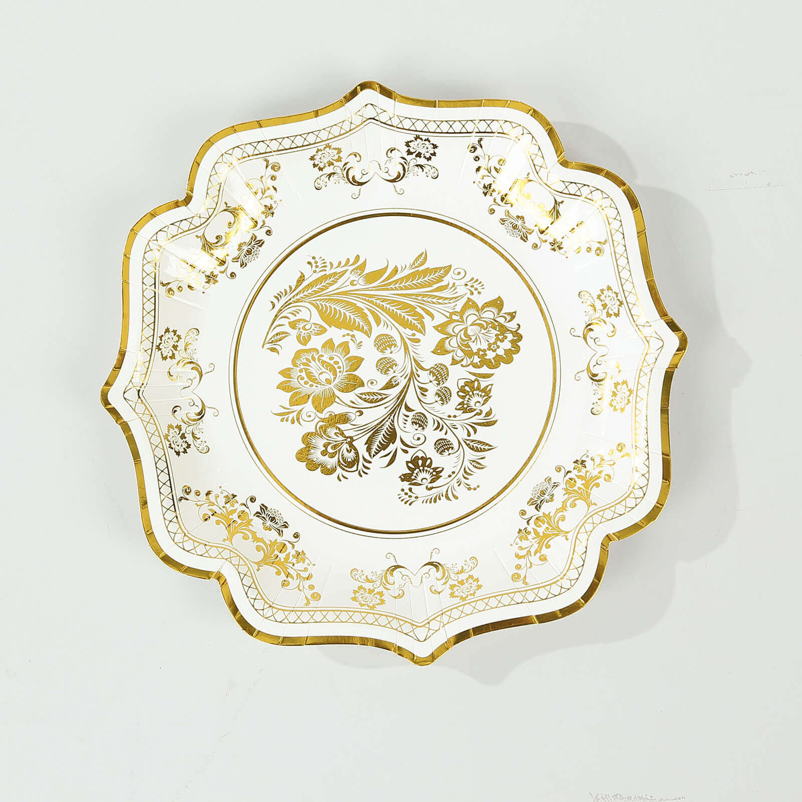 25 - Pack Paper Dessert Plates in White with Gold Damask Floral Print & Scallop Rim - Stylish Disposable 300GSM Floral Salad Appetizer Plates for Weddings & Events 8" - Bell Racket Store