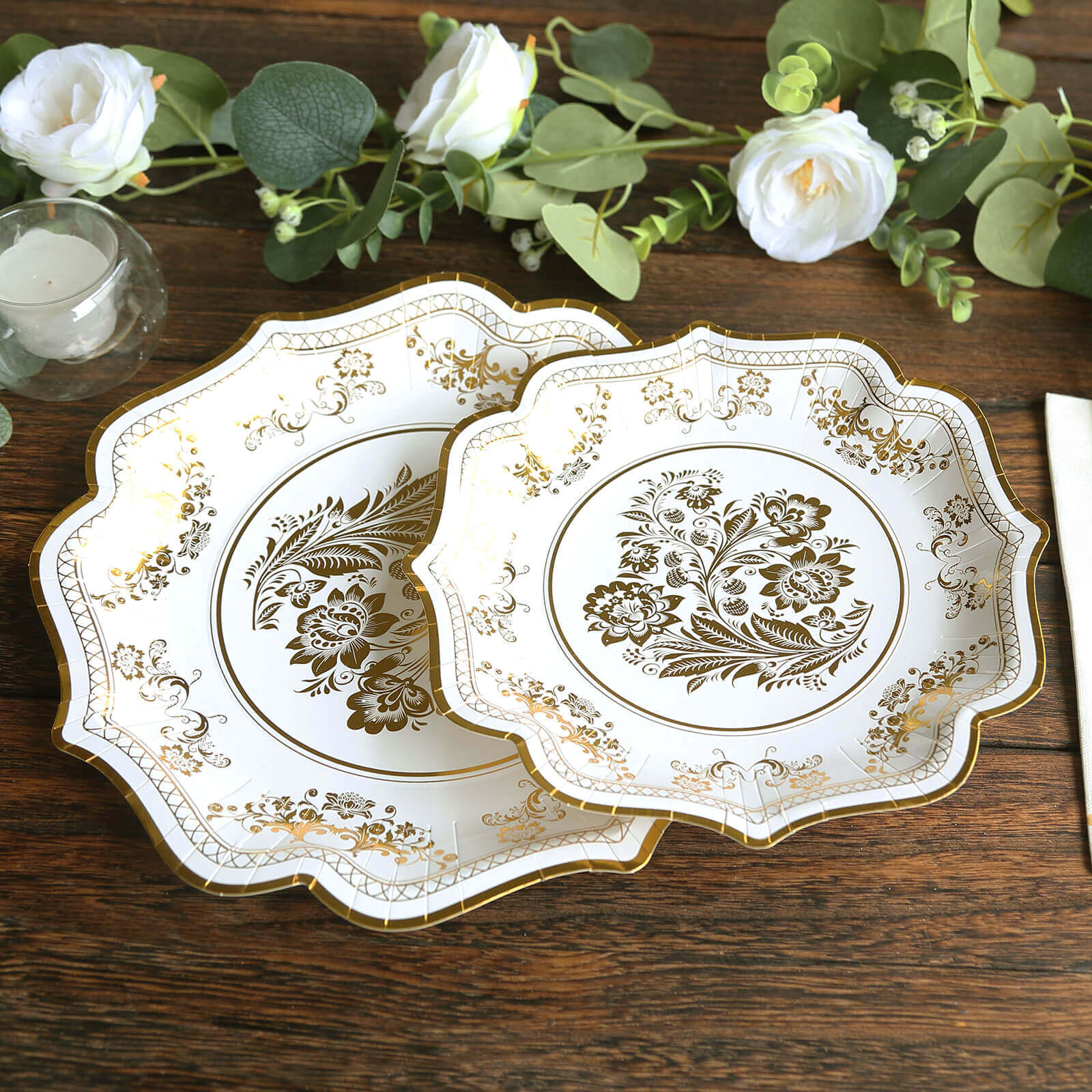 25 - Pack Paper Dessert Plates in White with Gold Damask Floral Print & Scallop Rim - Stylish Disposable 300GSM Floral Salad Appetizer Plates for Weddings & Events 8" - Bell Racket Store