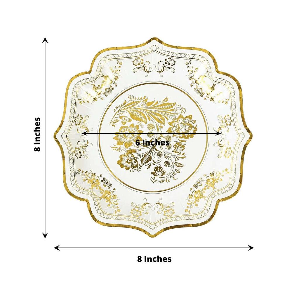 25 - Pack Paper Dessert Plates in White with Gold Damask Floral Print & Scallop Rim - Stylish Disposable 300GSM Floral Salad Appetizer Plates for Weddings & Events 8" - Bell Racket Store