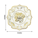 25 - Pack Paper Dessert Plates in White with Gold Damask Floral Print & Scallop Rim - Stylish Disposable 300GSM Floral Salad Appetizer Plates for Weddings & Events 8" - Bell Racket Store