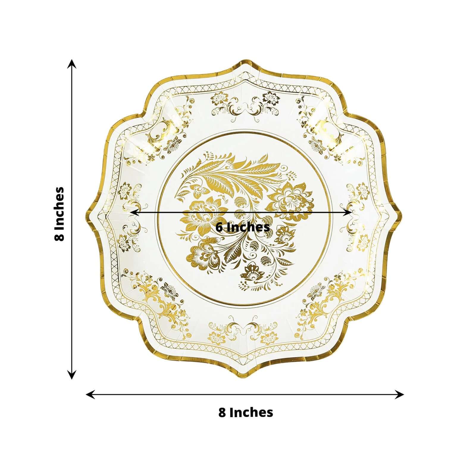 25 - Pack Paper Dessert Plates in White with Gold Damask Floral Print & Scallop Rim - Stylish Disposable 300GSM Floral Salad Appetizer Plates for Weddings & Events 8" - Bell Racket Store