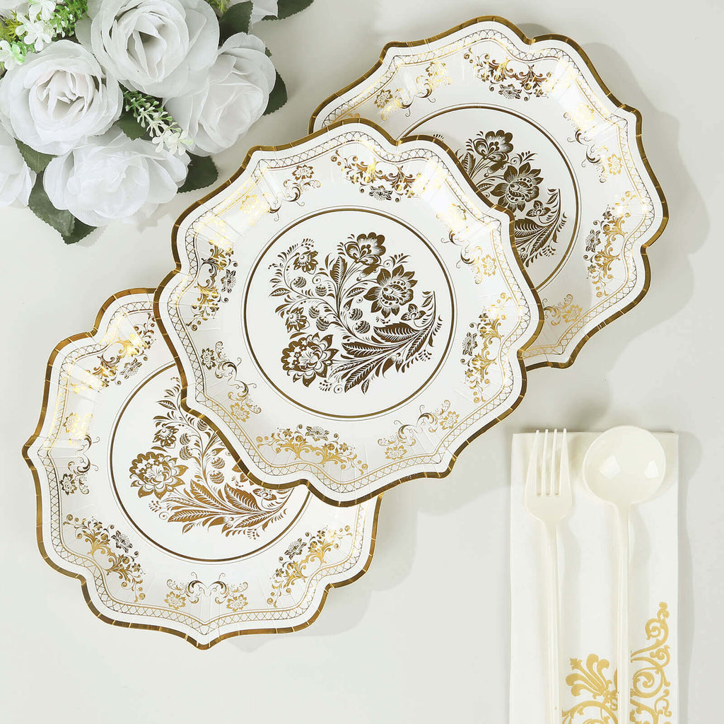 25 - Pack Paper Dessert Plates in White with Gold Damask Floral Print & Scallop Rim - Stylish Disposable 300GSM Floral Salad Appetizer Plates for Weddings & Events 8" - Bell Racket Store