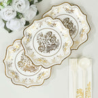 25 - Pack Paper Dessert Plates in White with Gold Damask Floral Print & Scallop Rim - Stylish Disposable 300GSM Floral Salad Appetizer Plates for Weddings & Events 8" - Bell Racket Store