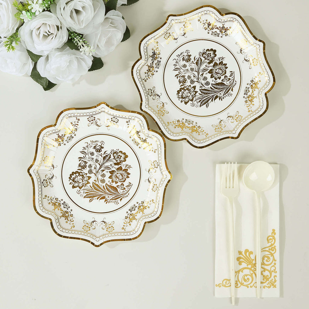 25 - Pack Paper Dessert Plates in White with Gold Damask Floral Print & Scallop Rim - Stylish Disposable 300GSM Floral Salad Appetizer Plates for Weddings & Events 8" - Bell Racket Store