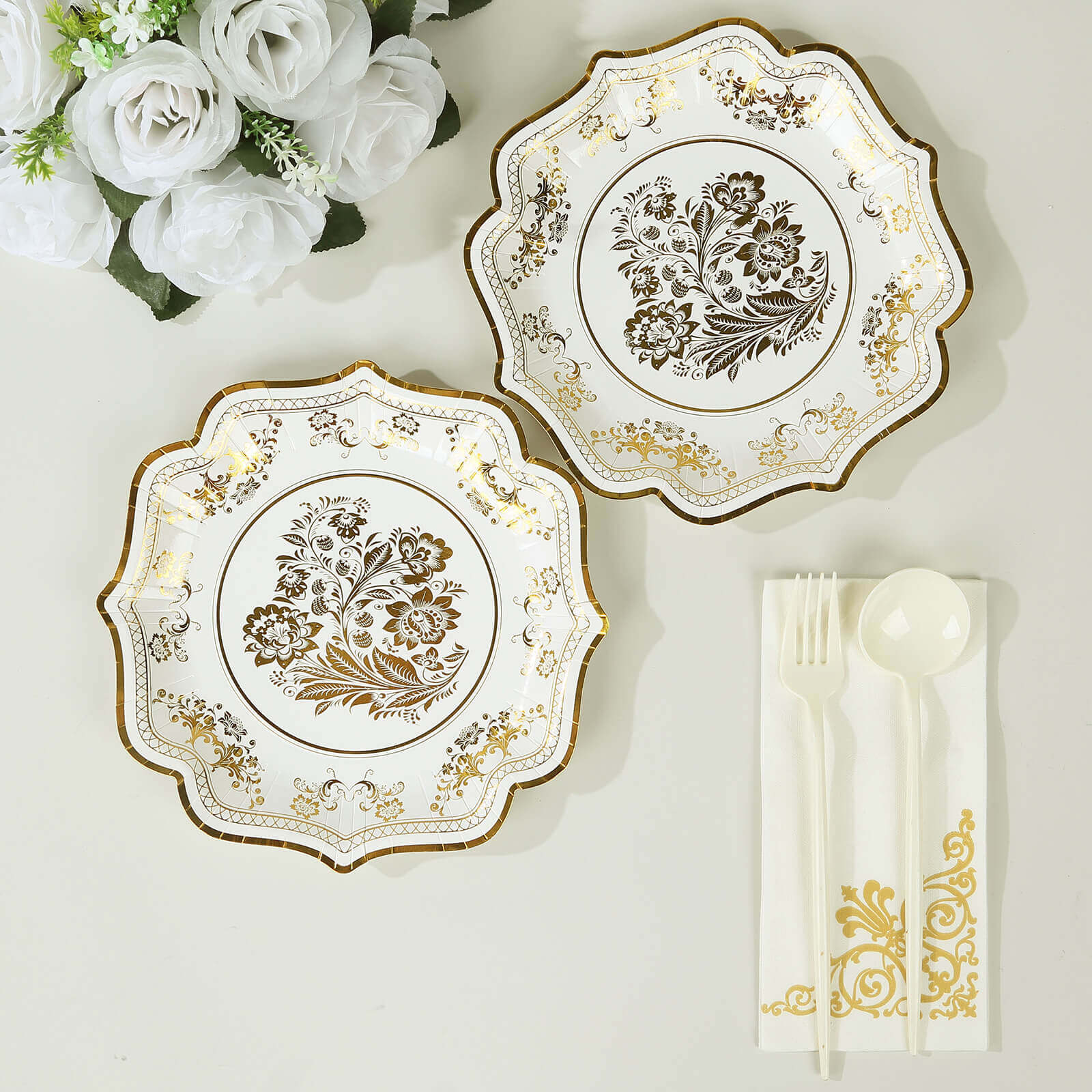 25 - Pack Paper Dessert Plates in White with Gold Damask Floral Print & Scallop Rim - Stylish Disposable 300GSM Floral Salad Appetizer Plates for Weddings & Events 8" - Bell Racket Store
