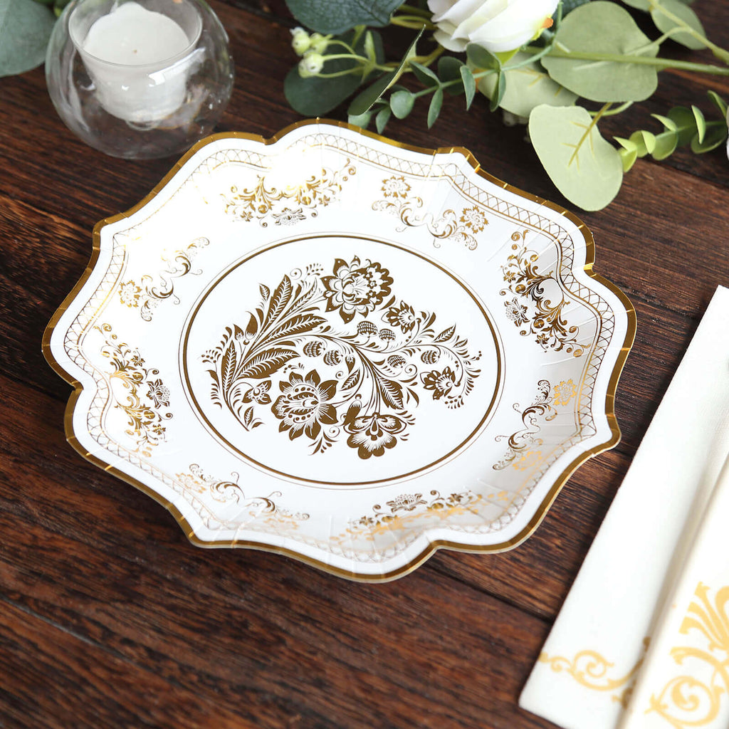 25 - Pack Paper Dessert Plates in White with Gold Damask Floral Print & Scallop Rim - Stylish Disposable 300GSM Floral Salad Appetizer Plates for Weddings & Events 8" - Bell Racket Store