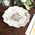 25 - Pack Paper Dessert Plates in White with Gold Damask Floral Print & Scallop Rim - Stylish Disposable 300GSM Floral Salad Appetizer Plates for Weddings & Events 8" - Bell Racket Store