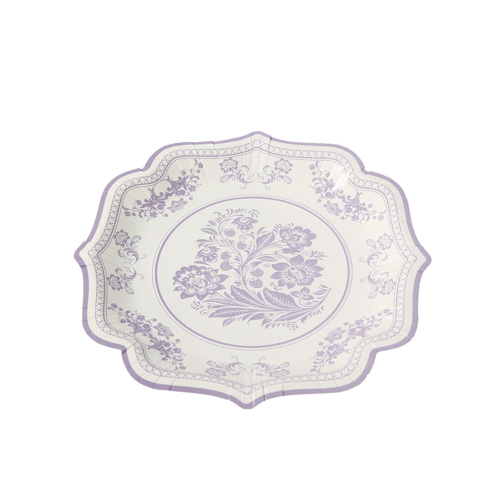 25 - Pack Paper Dessert Plates in White with Lavender Lilac Damask Floral Print & Scallop Rim - Stylish Disposable 300GSM Floral Salad Appetizer Plates 8" - Bell Racket Store
