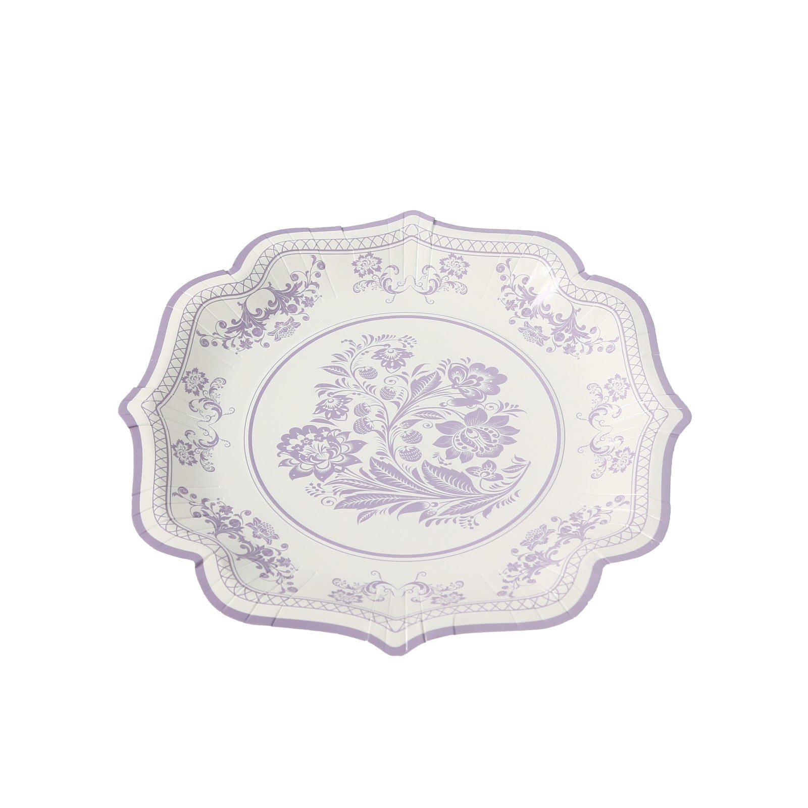 25 - Pack Paper Dessert Plates in White with Lavender Lilac Damask Floral Print & Scallop Rim - Stylish Disposable 300GSM Floral Salad Appetizer Plates 8" - Bell Racket Store
