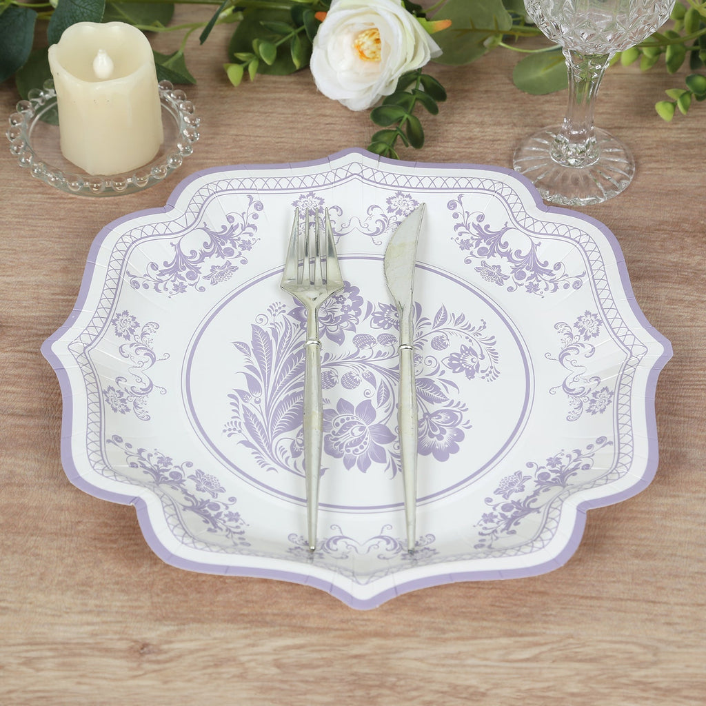 25 - Pack Paper Dessert Plates in White with Lavender Lilac Damask Floral Print & Scallop Rim - Stylish Disposable 300GSM Floral Salad Appetizer Plates 8" - Bell Racket Store