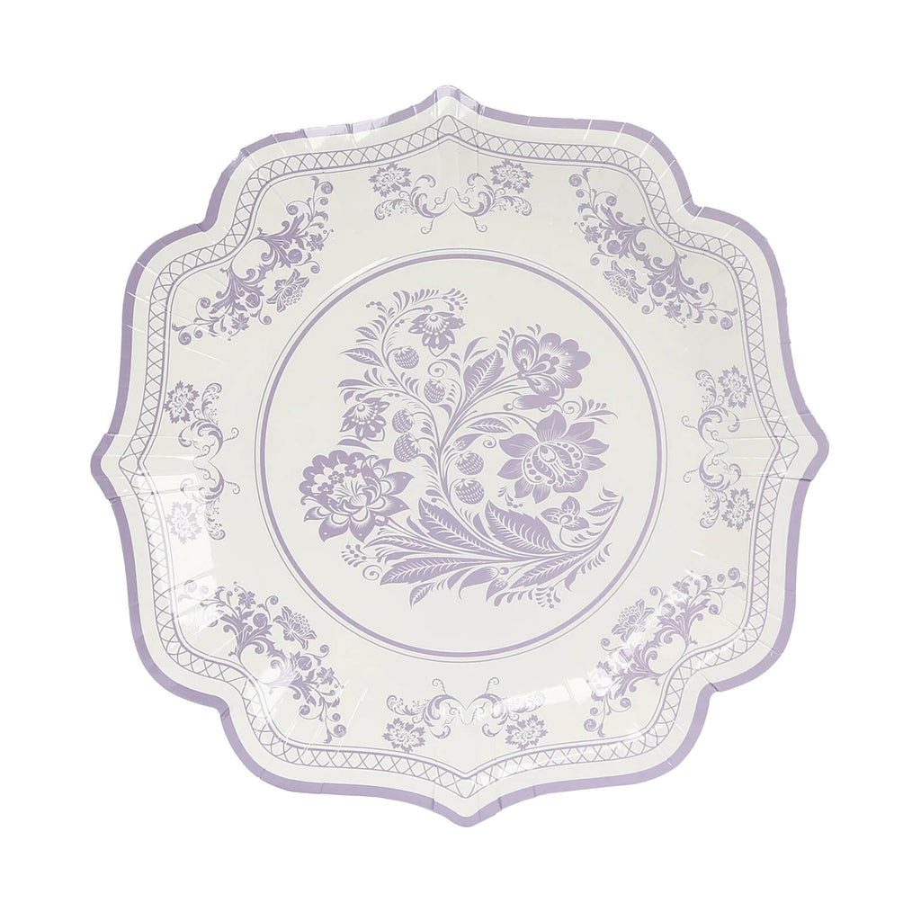 25 - Pack Paper Dessert Plates in White with Lavender Lilac Damask Floral Print & Scallop Rim - Stylish Disposable 300GSM Floral Salad Appetizer Plates 8" - Bell Racket Store