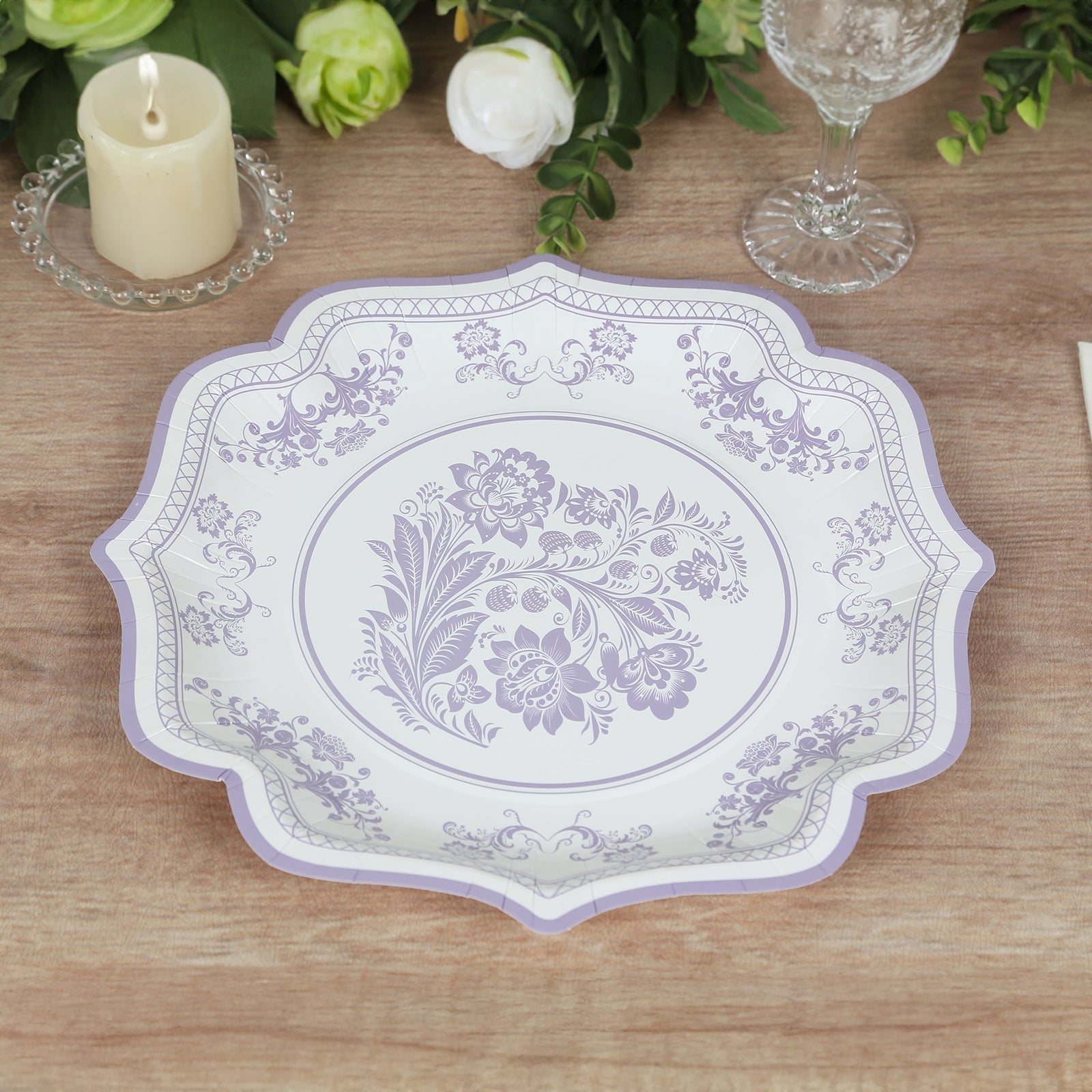25 - Pack Paper Dessert Plates in White with Lavender Lilac Damask Floral Print & Scallop Rim - Stylish Disposable 300GSM Floral Salad Appetizer Plates 8" - Bell Racket Store