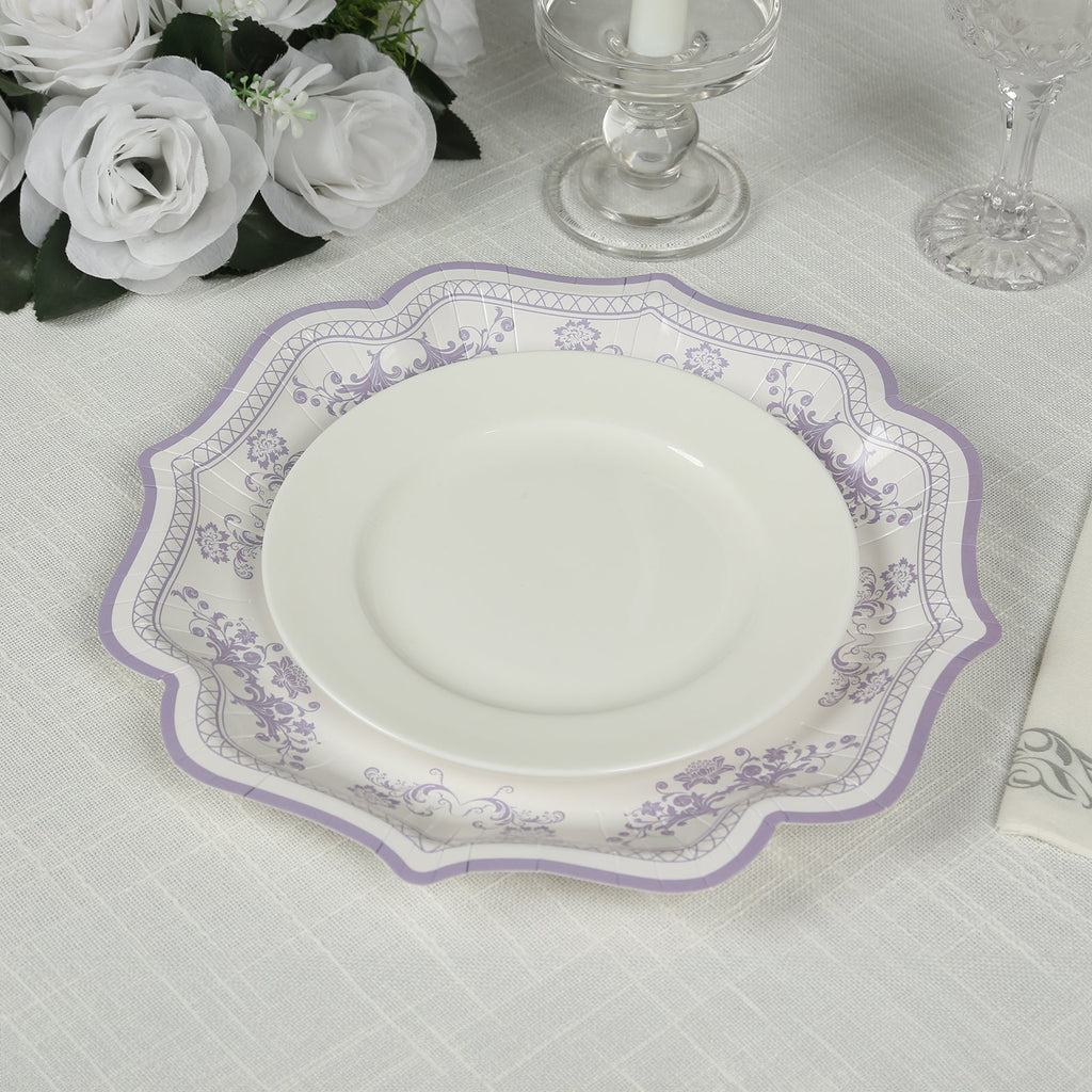 25 - Pack Paper Dessert Plates in White with Lavender Lilac Damask Floral Print & Scallop Rim - Stylish Disposable 300GSM Floral Salad Appetizer Plates 8" - Bell Racket Store