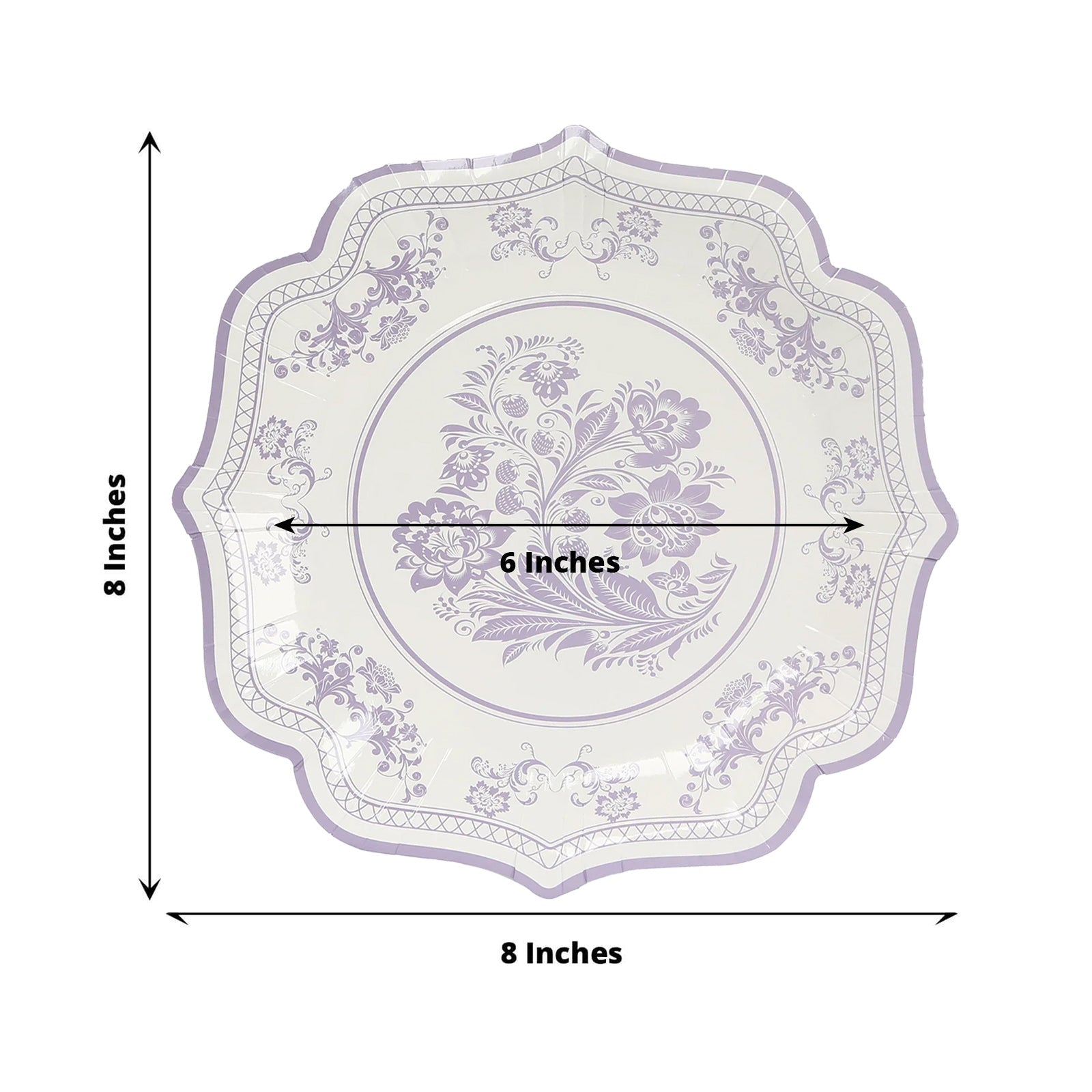 25 - Pack Paper Dessert Plates in White with Lavender Lilac Damask Floral Print & Scallop Rim - Stylish Disposable 300GSM Floral Salad Appetizer Plates 8" - Bell Racket Store