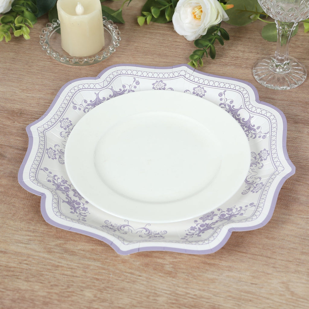 25 - Pack Paper Dessert Plates in White with Lavender Lilac Damask Floral Print & Scallop Rim - Stylish Disposable 300GSM Floral Salad Appetizer Plates 8" - Bell Racket Store