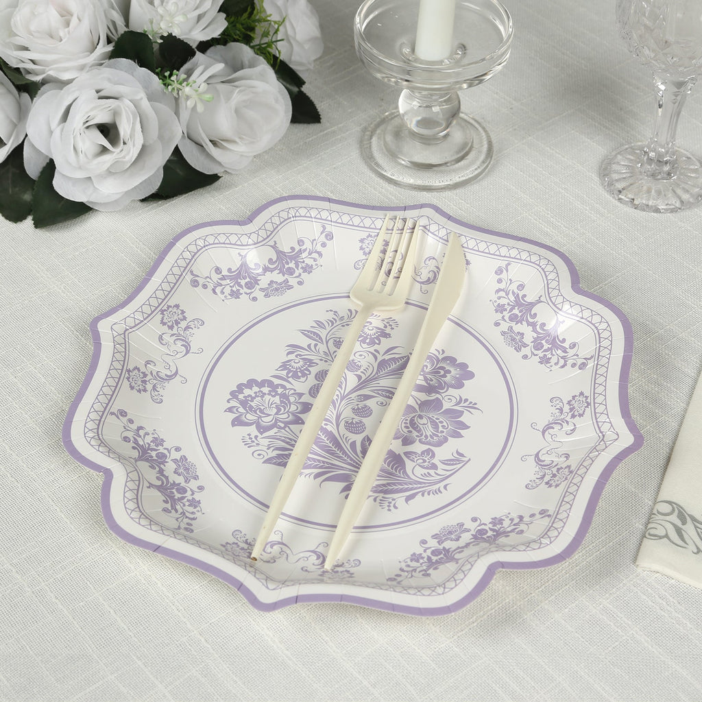 25 - Pack Paper Dessert Plates in White with Lavender Lilac Damask Floral Print & Scallop Rim - Stylish Disposable 300GSM Floral Salad Appetizer Plates 8" - Bell Racket Store