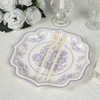 25 - Pack Paper Dessert Plates in White with Lavender Lilac Damask Floral Print & Scallop Rim - Stylish Disposable 300GSM Floral Salad Appetizer Plates 8" - Bell Racket Store