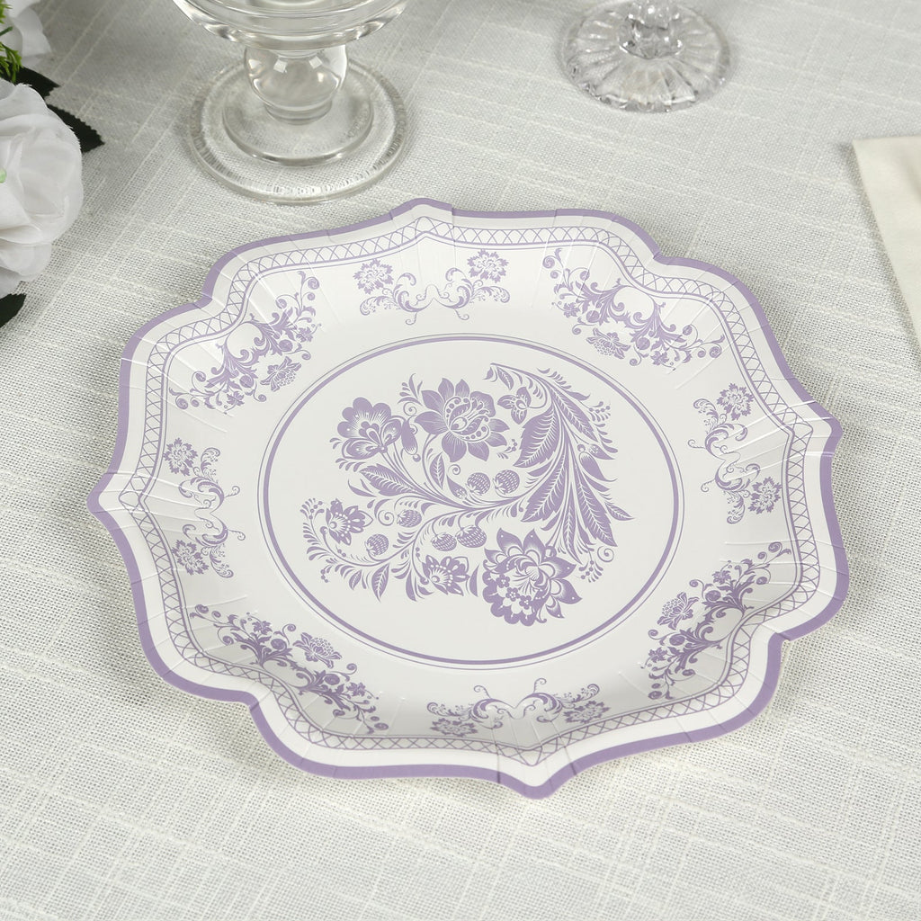 25 - Pack Paper Dessert Plates in White with Lavender Lilac Damask Floral Print & Scallop Rim - Stylish Disposable 300GSM Floral Salad Appetizer Plates 8" - Bell Racket Store