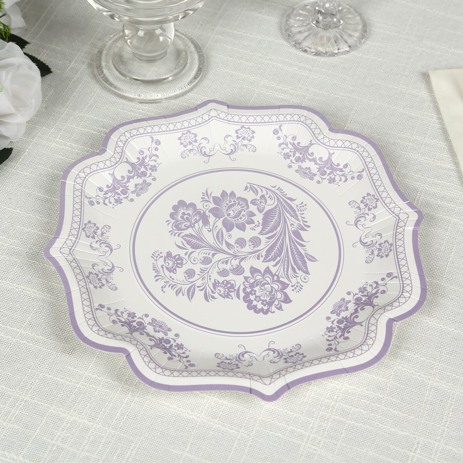 25 - Pack Paper Dessert Plates in White with Lavender Lilac Damask Floral Print & Scallop Rim - Stylish Disposable 300GSM Floral Salad Appetizer Plates 8" - Bell Racket Store