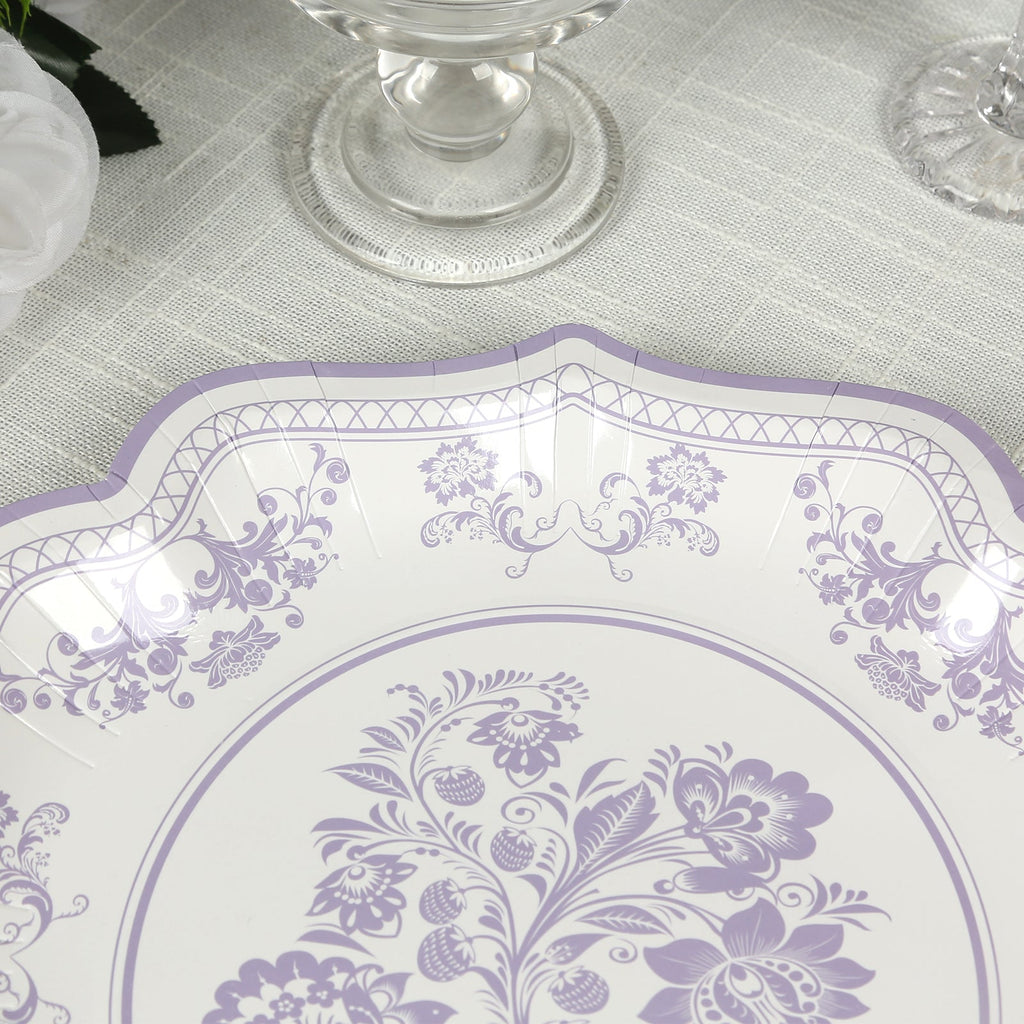 25 - Pack Paper Dessert Plates in White with Lavender Lilac Damask Floral Print & Scallop Rim - Stylish Disposable 300GSM Floral Salad Appetizer Plates 8" - Bell Racket Store