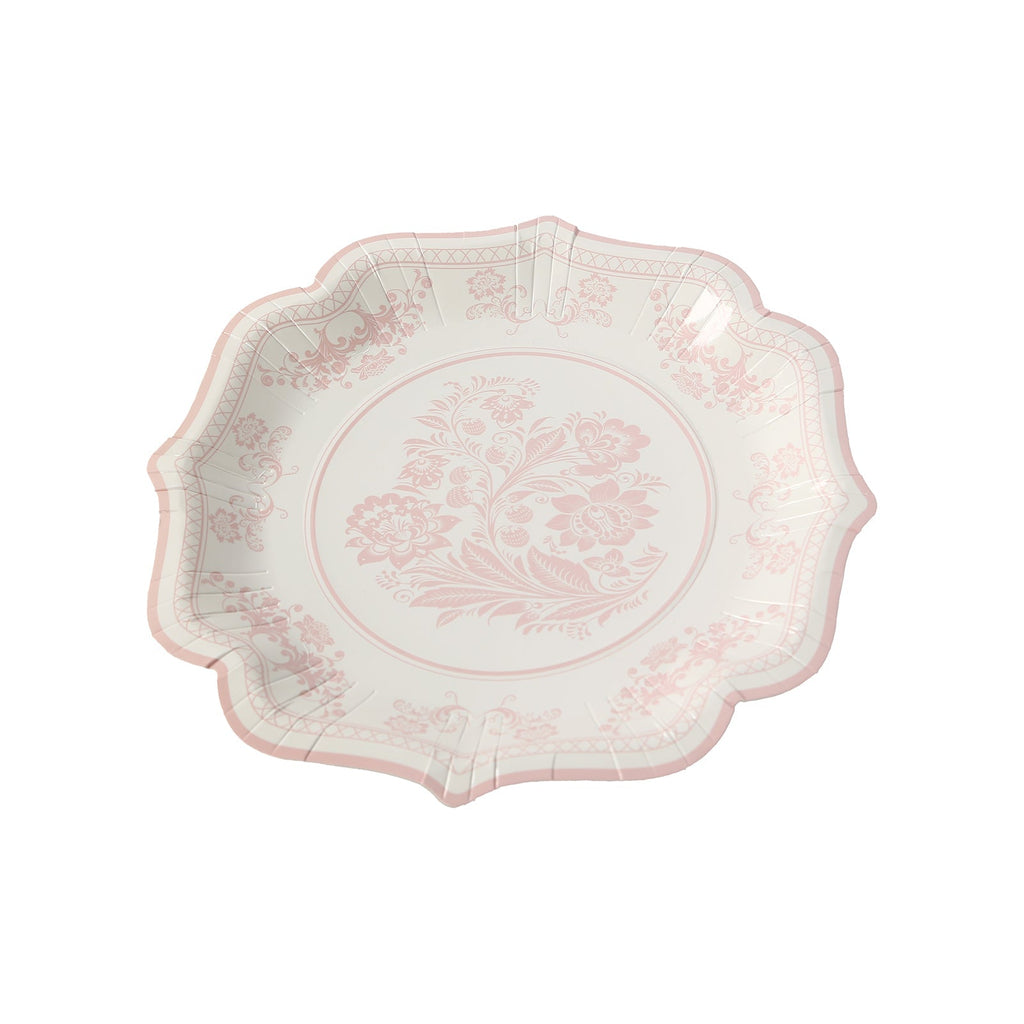 25 - Pack Paper Dessert Plates in White with Pink Damask Floral Print & Scallop Rim - Stylish Disposable 300GSM Floral Salad Appetizer Plates 8" - Bell Racket Store