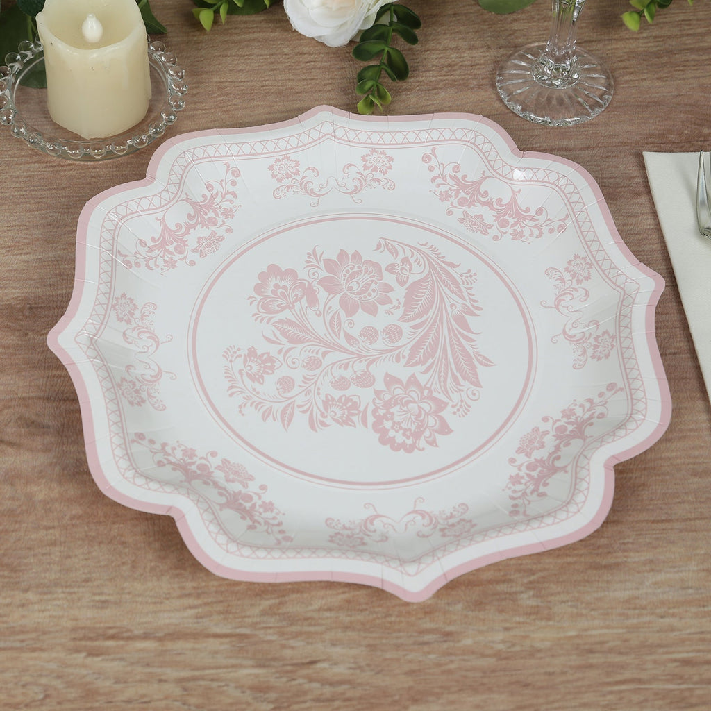 25 - Pack Paper Dessert Plates in White with Pink Damask Floral Print & Scallop Rim - Stylish Disposable 300GSM Floral Salad Appetizer Plates 8" - Bell Racket Store