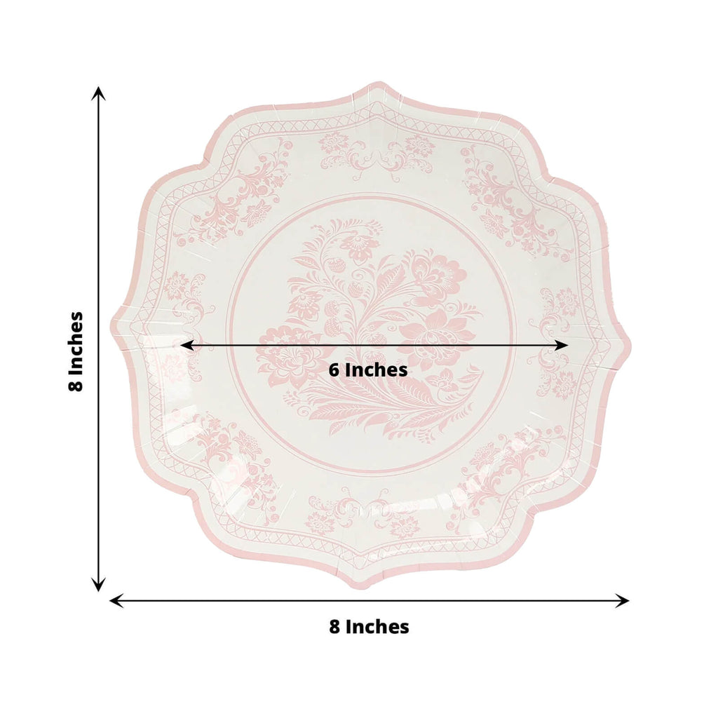 25 - Pack Paper Dessert Plates in White with Pink Damask Floral Print & Scallop Rim - Stylish Disposable 300GSM Floral Salad Appetizer Plates 8" - Bell Racket Store