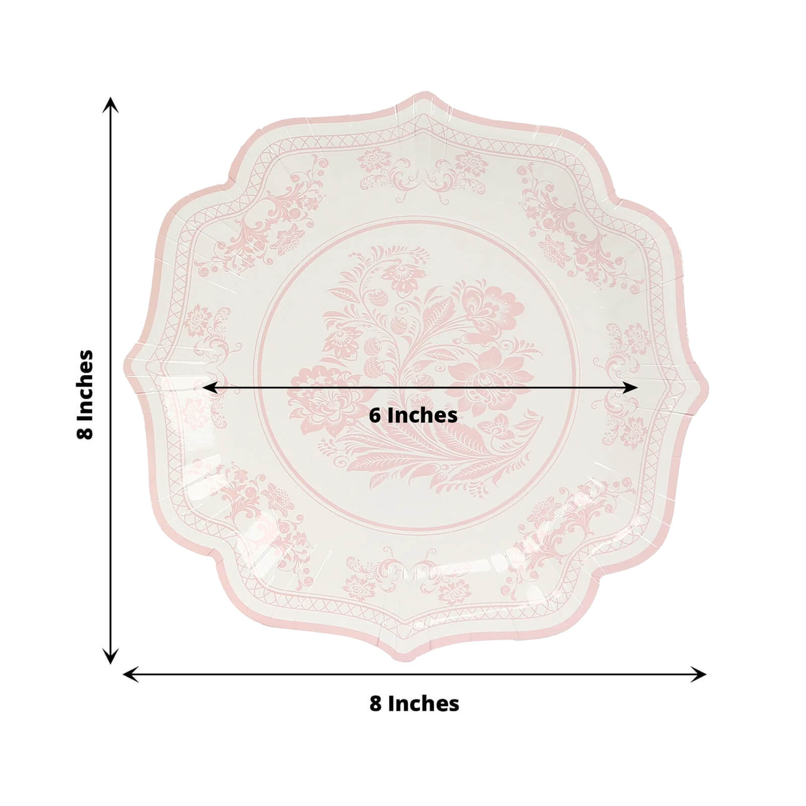 25 - Pack Paper Dessert Plates in White with Pink Damask Floral Print & Scallop Rim - Stylish Disposable 300GSM Floral Salad Appetizer Plates 8" - Bell Racket Store