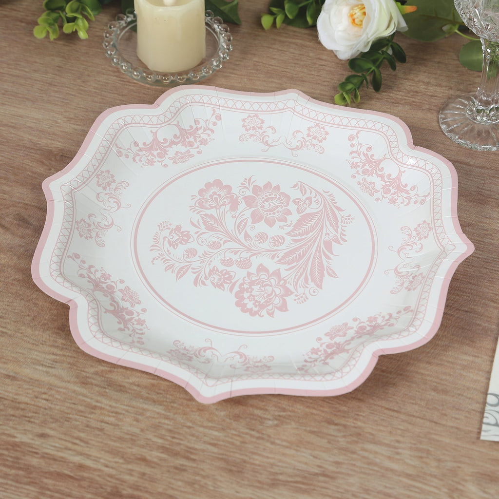 25 - Pack Paper Dessert Plates in White with Pink Damask Floral Print & Scallop Rim - Stylish Disposable 300GSM Floral Salad Appetizer Plates 8" - Bell Racket Store