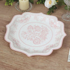 25 - Pack Paper Dessert Plates in White with Pink Damask Floral Print & Scallop Rim - Stylish Disposable 300GSM Floral Salad Appetizer Plates 8" - Bell Racket Store