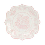 25 - Pack Paper Dessert Plates in White with Pink Damask Floral Print & Scallop Rim - Stylish Disposable 300GSM Floral Salad Appetizer Plates 8" - Bell Racket Store