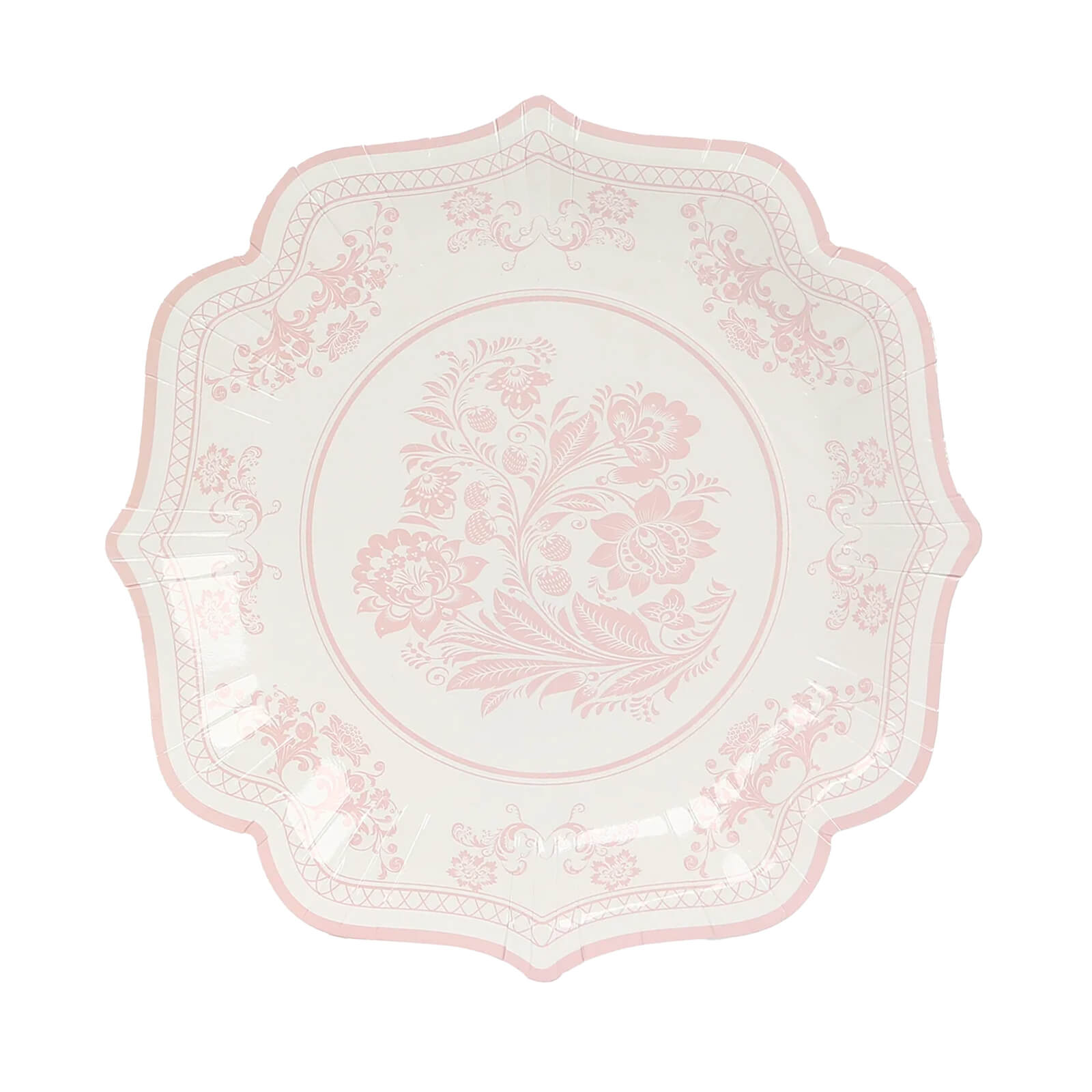 25 - Pack Paper Dessert Plates in White with Pink Damask Floral Print & Scallop Rim - Stylish Disposable 300GSM Floral Salad Appetizer Plates 8" - Bell Racket Store