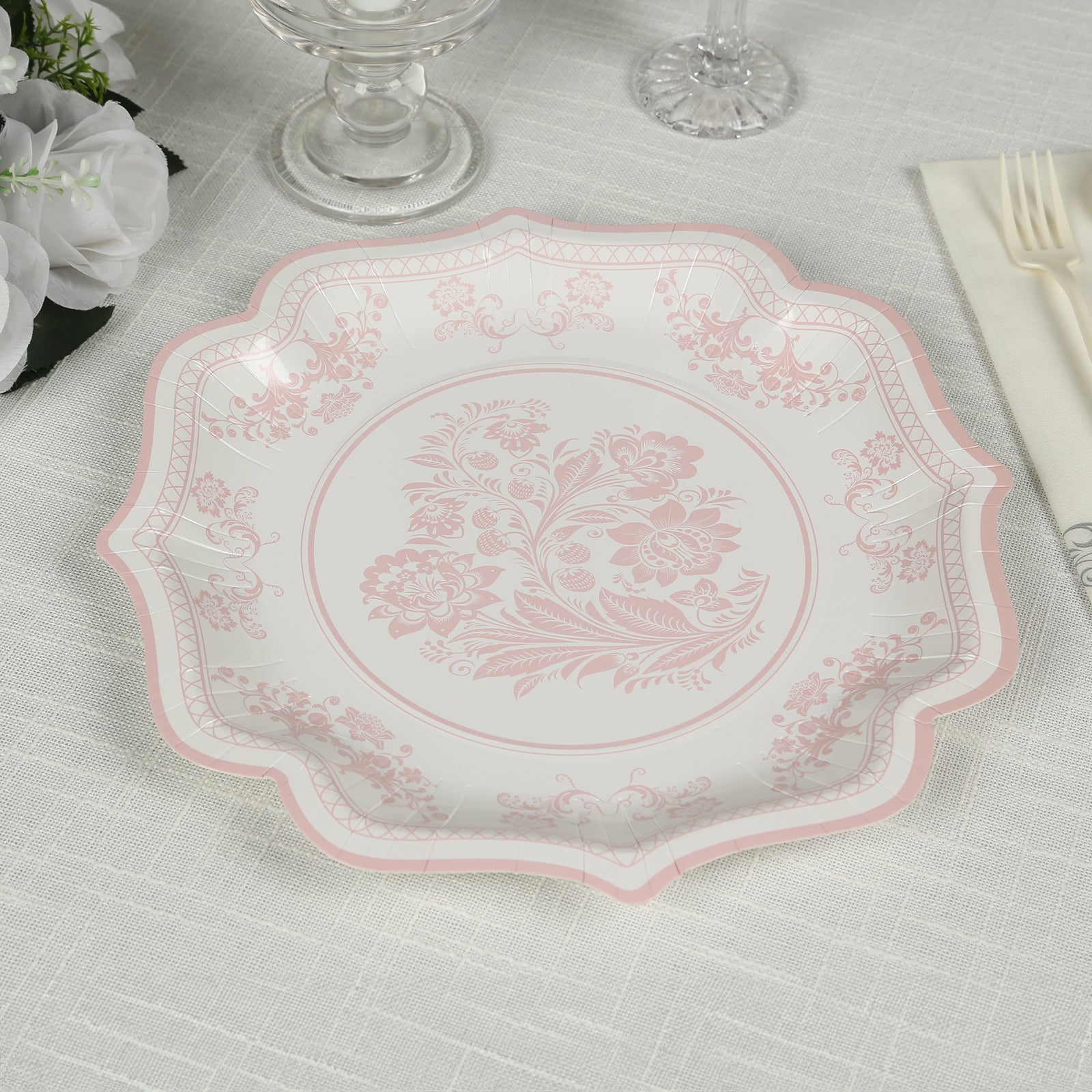 25 - Pack Paper Dessert Plates in White with Pink Damask Floral Print & Scallop Rim - Stylish Disposable 300GSM Floral Salad Appetizer Plates 8" - Bell Racket Store