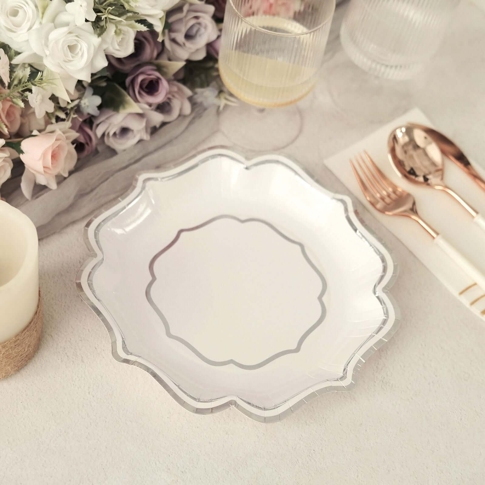 25 - Pack Paper Dessert Plates in White with Silver Scallop Rim - Disposable 300GSM Appetizer Salad Plates 8" - Bell Racket Store