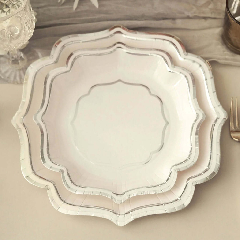25 - Pack Paper Dessert Plates in White with Silver Scallop Rim - Disposable 300GSM Appetizer Salad Plates 8" - Bell Racket Store